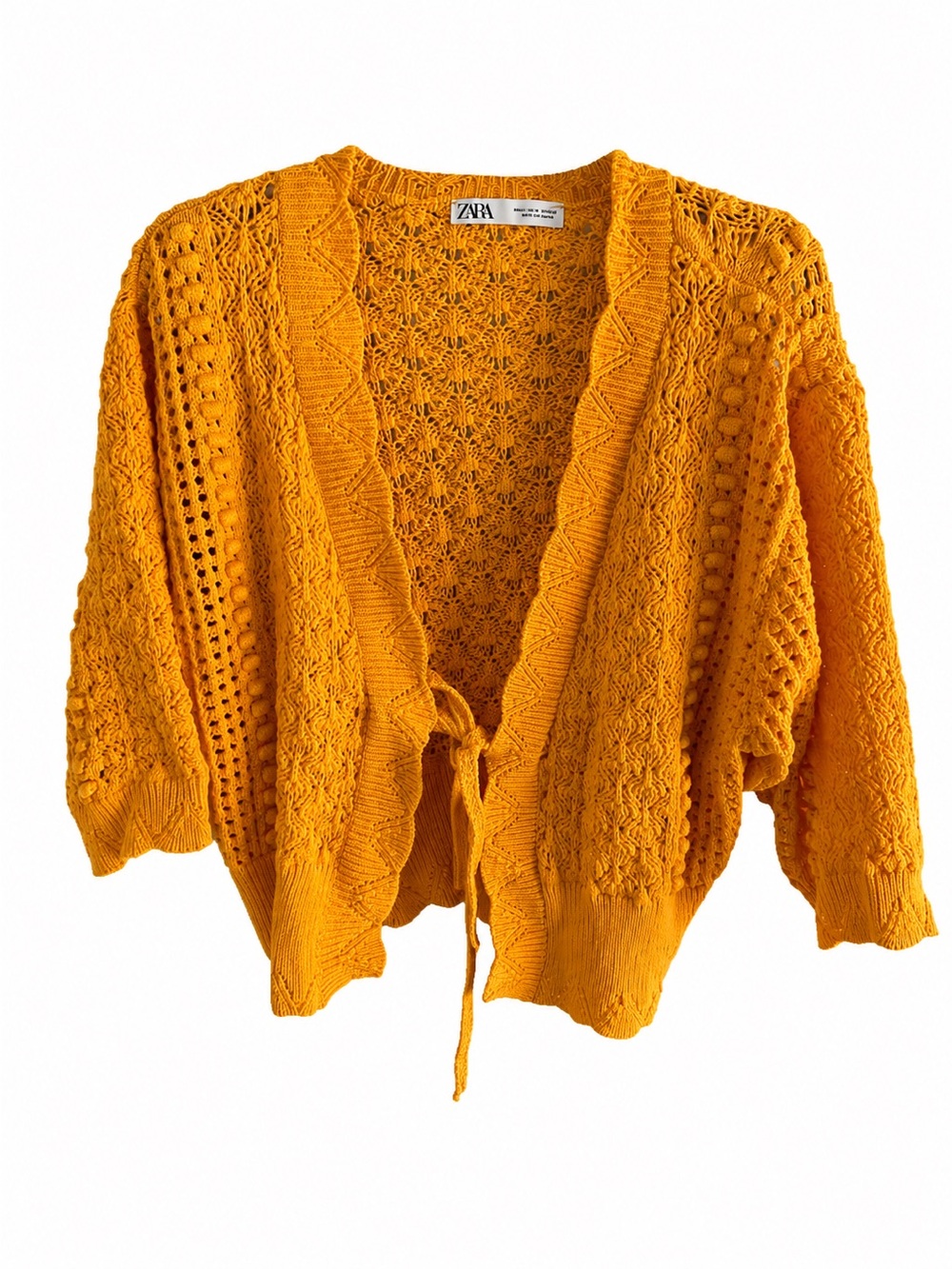 Zara Orange Yellow Open Knit Tie-Front Cardigan Sweater Size Large